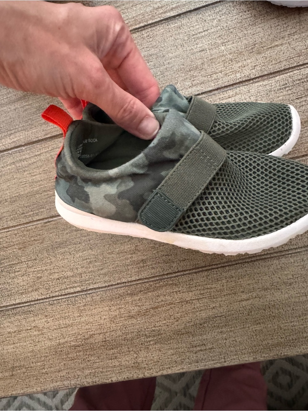 Cat & Jack Olive Green Camo Slip-On Water Shoes with Orange Heel Tab